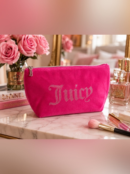 Handbags - 💖 Juicy Couture Pink Velour Cosmetic Makeup Bag Rhinestone Logo 💖